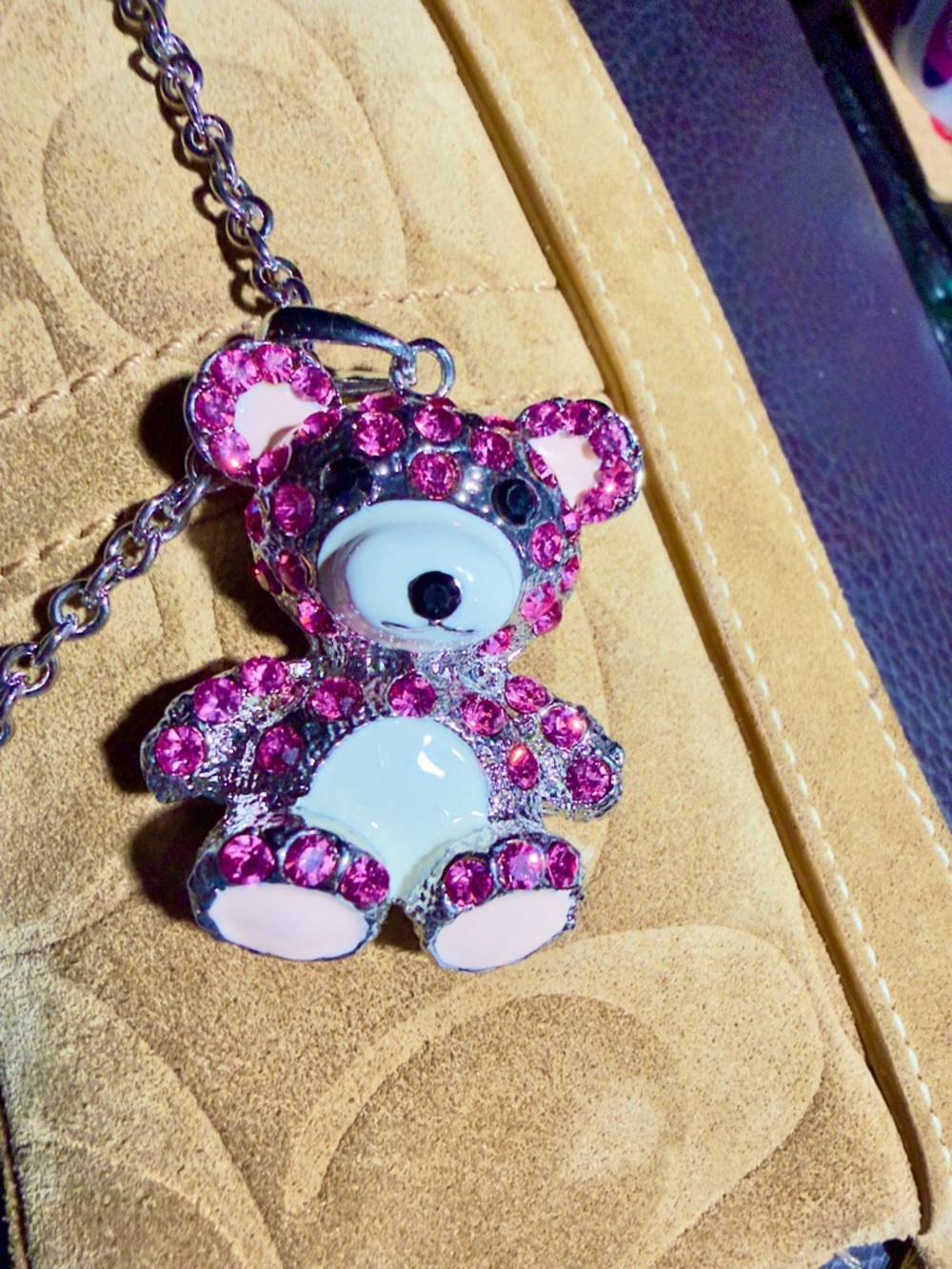 Pink Crystal Teddy Bear Pendant with 20” silver-toned Necklace.